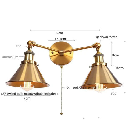 Brass-finished industrial vintage led double arm wall light with adjustable conical shades for bedroom decorbites decor