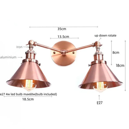 Copper-toned brass industrial vintage LED double arm wall light with adjustable conical shades for bedroom decorbites industrial vintage use
