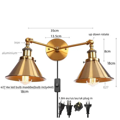 Brass-finished industrial vintage led double arm wall light with adjustable conical shades for bedroom decorbites industrial vintage