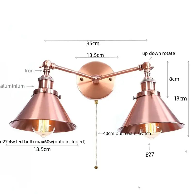 Copper-toned brass industrial vintage led double arm wall light with adjustable conical shades for bedroom decorbites wall light