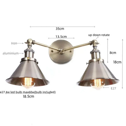 Industrial vintage led brass double arm wall light with brushed brass finish and conical metal shades for bedroom decorbites wall light