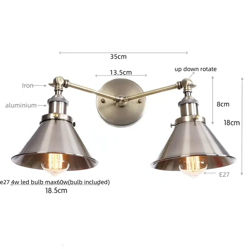 Industrial vintage led brass double arm wall light with brushed brass finish and conical metal shades for bedroom decorbites wall light