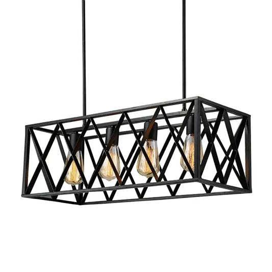 Black metal rectangular pendant lamp with geometric lattice design and four exposed Edison bulbs for industrial vintage loft decorbites
