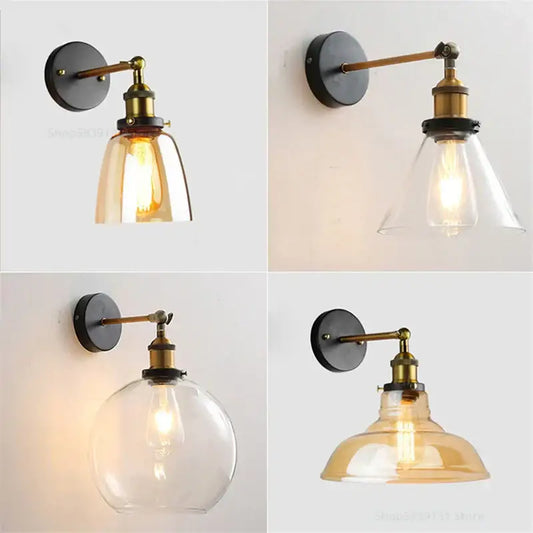 Industrial vintage loft wall lamp featuring a black base brass arm with clear and amber glass shades decorbites industrial vintage