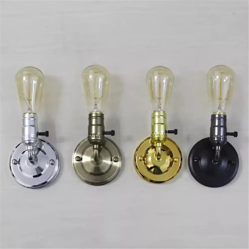 Four vintage-style industrial multi color wall sconce lamps with clear glass bulbs in chrome brass gold and black finish