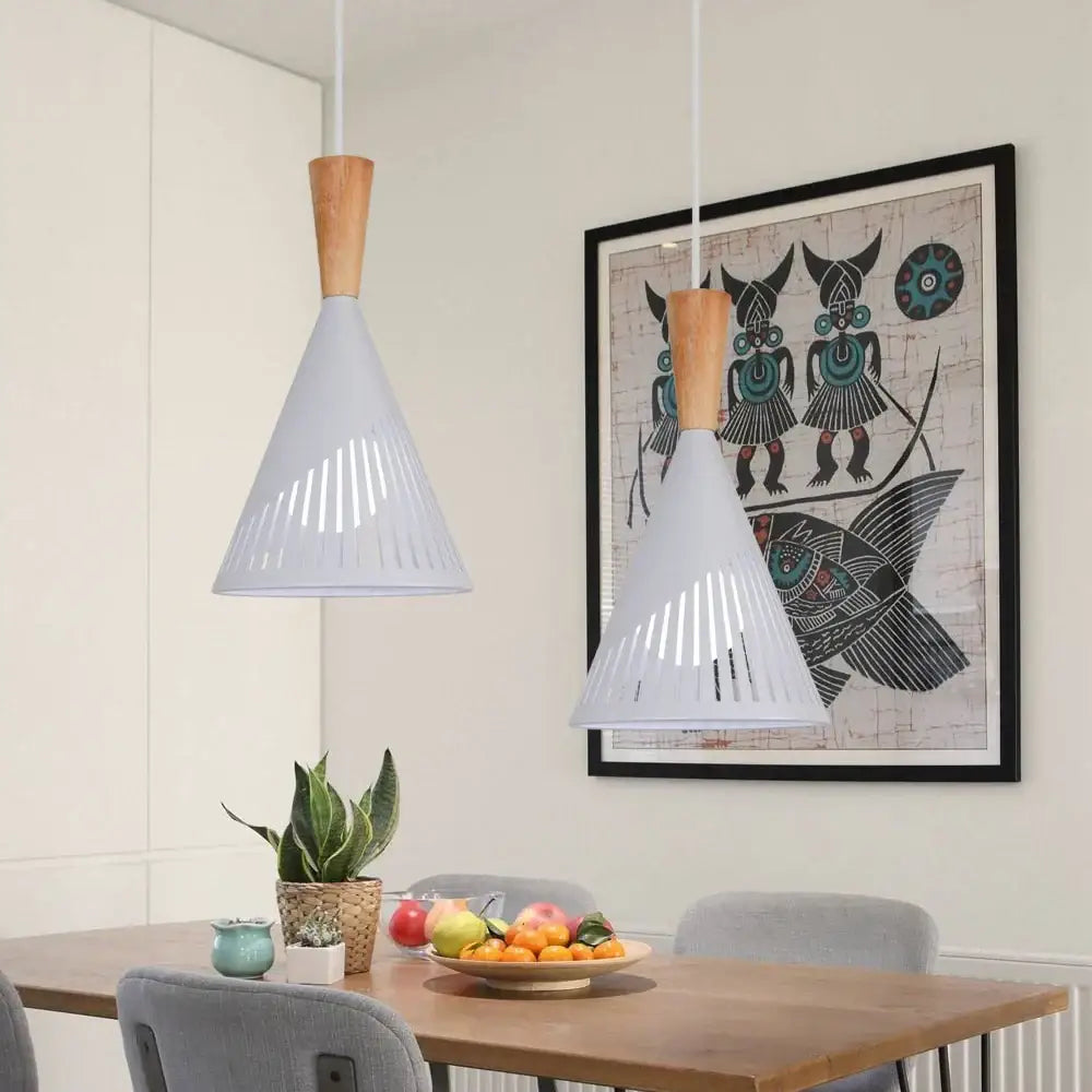 White conical decorbites industrial vintage pendant light with wooden tops and vertical slits for kitchen decor