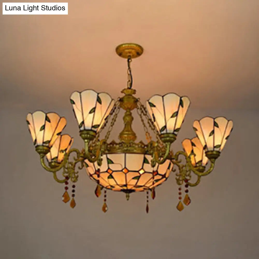 Industrial Vintage Stained Glass Chandelier - 9-Light Hanging Light with Leaf Pattern in Beige