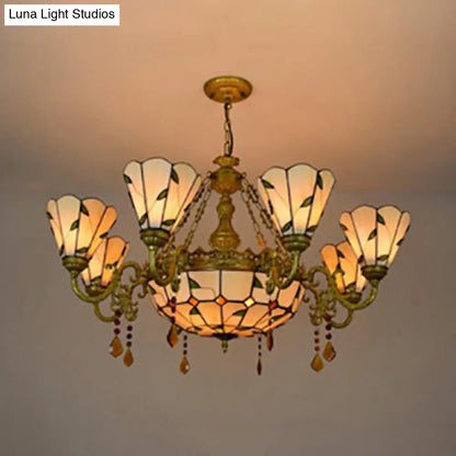 Industrial Vintage Stained Glass Chandelier - 9-Light Hanging Light with Leaf Pattern in Beige