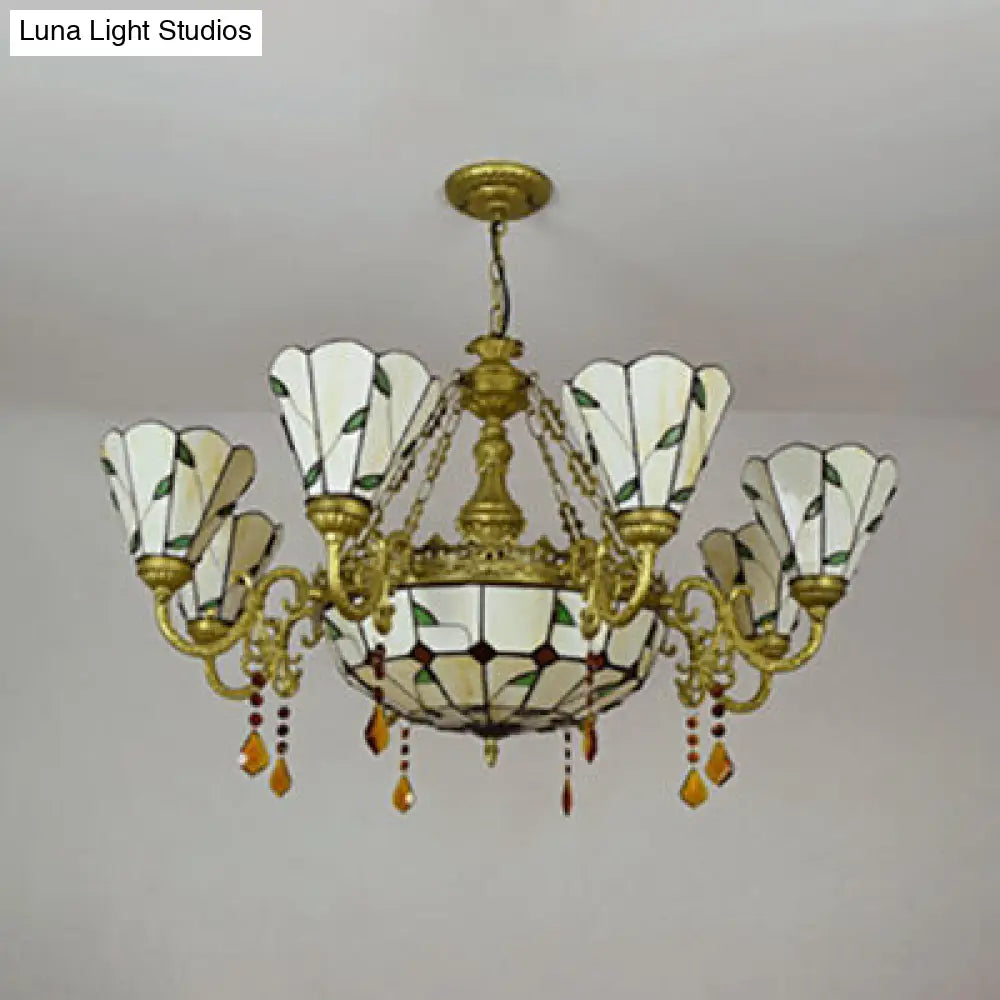 Industrial Vintage Stained Glass Chandelier - 9-Light Hanging Light with Leaf Pattern in Beige