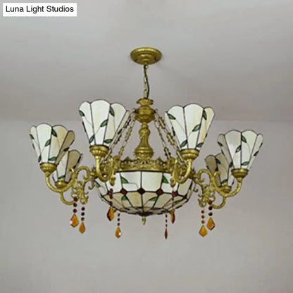 Industrial Vintage Stained Glass Chandelier - 9-Light Hanging Light with Leaf Pattern in Beige