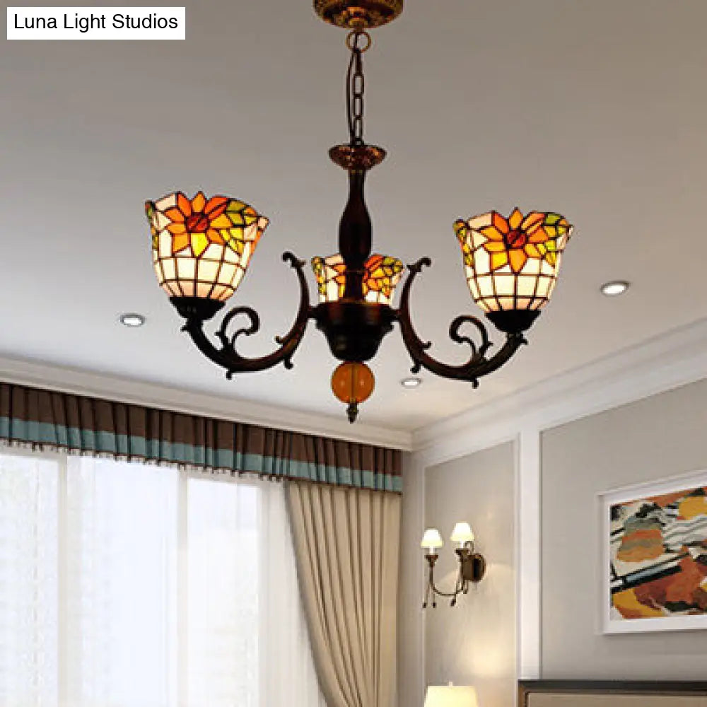 Industrial Vintage Stained Glass Chandelier - Sunflower Inverted Bell Shade, 3 Lights