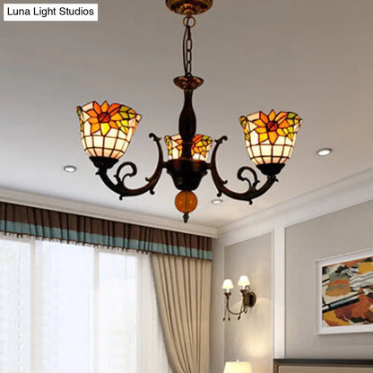 Industrial Vintage Stained Glass Chandelier - Sunflower Inverted Bell Shade, 3 Lights