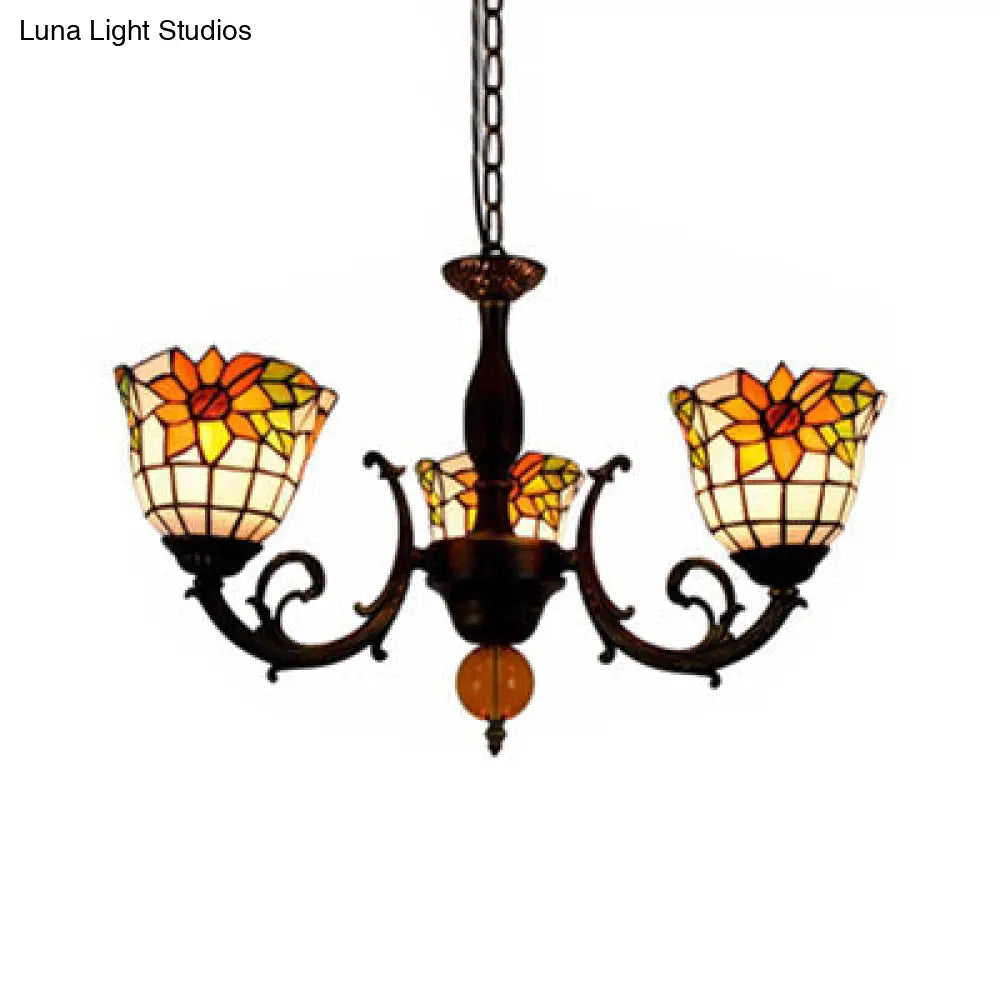 Industrial Vintage Stained Glass Chandelier - Sunflower Inverted Bell Shade, 3 Lights