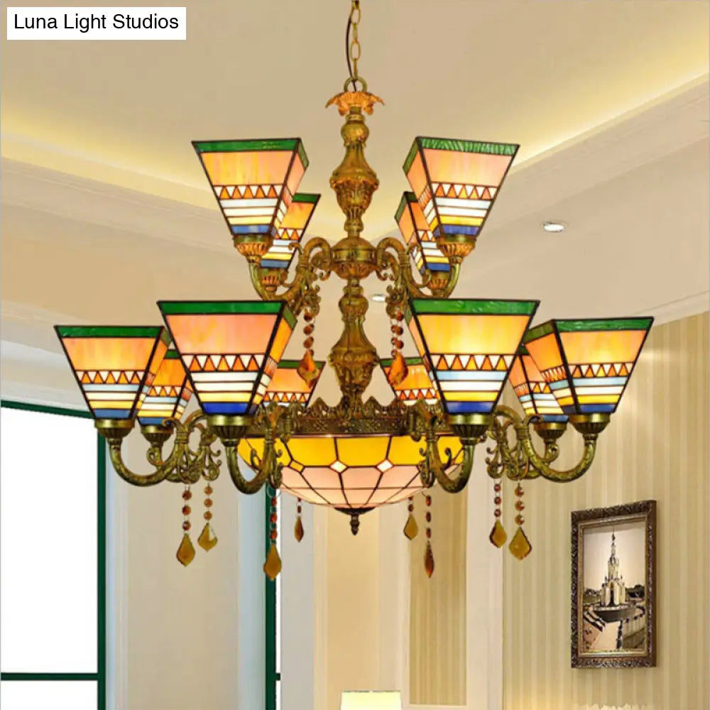 Industrial Vintage Stained Glass Pyramid Chandelier - 12 Arms with Center Bowl