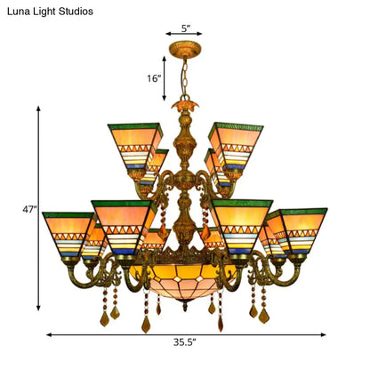 Industrial Vintage Stained Glass Pyramid Chandelier - 12 Arms with Center Bowl