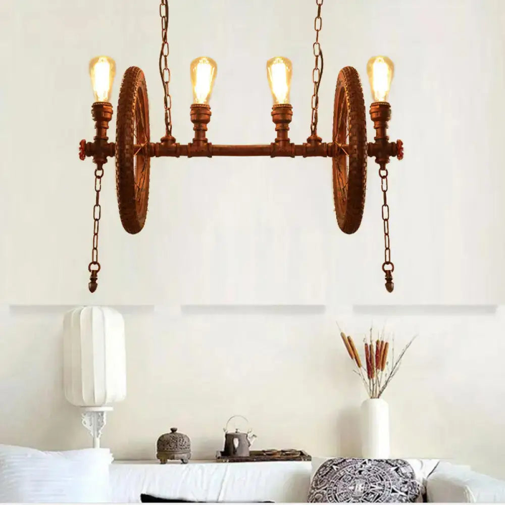 Decorbites vintage style wheel pendant light with rust finish metal frame and four exposed filament bulbs set of 4