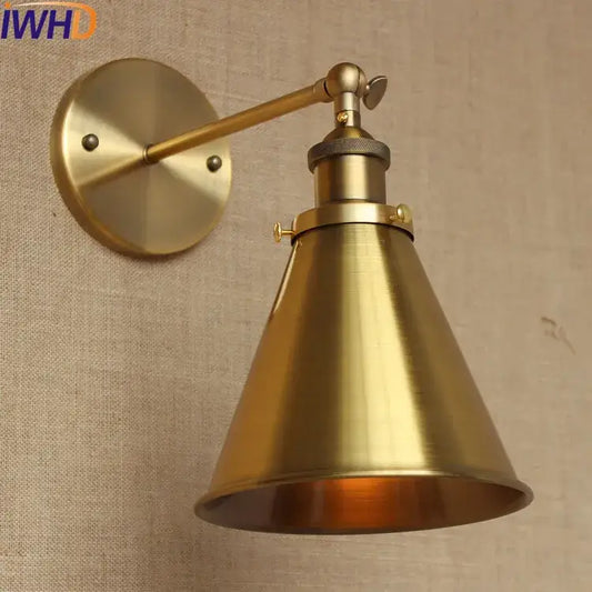 Brass-finished industrial vintage wall lamp with conical shade and adjustable arm by decorbites for bedroom decor