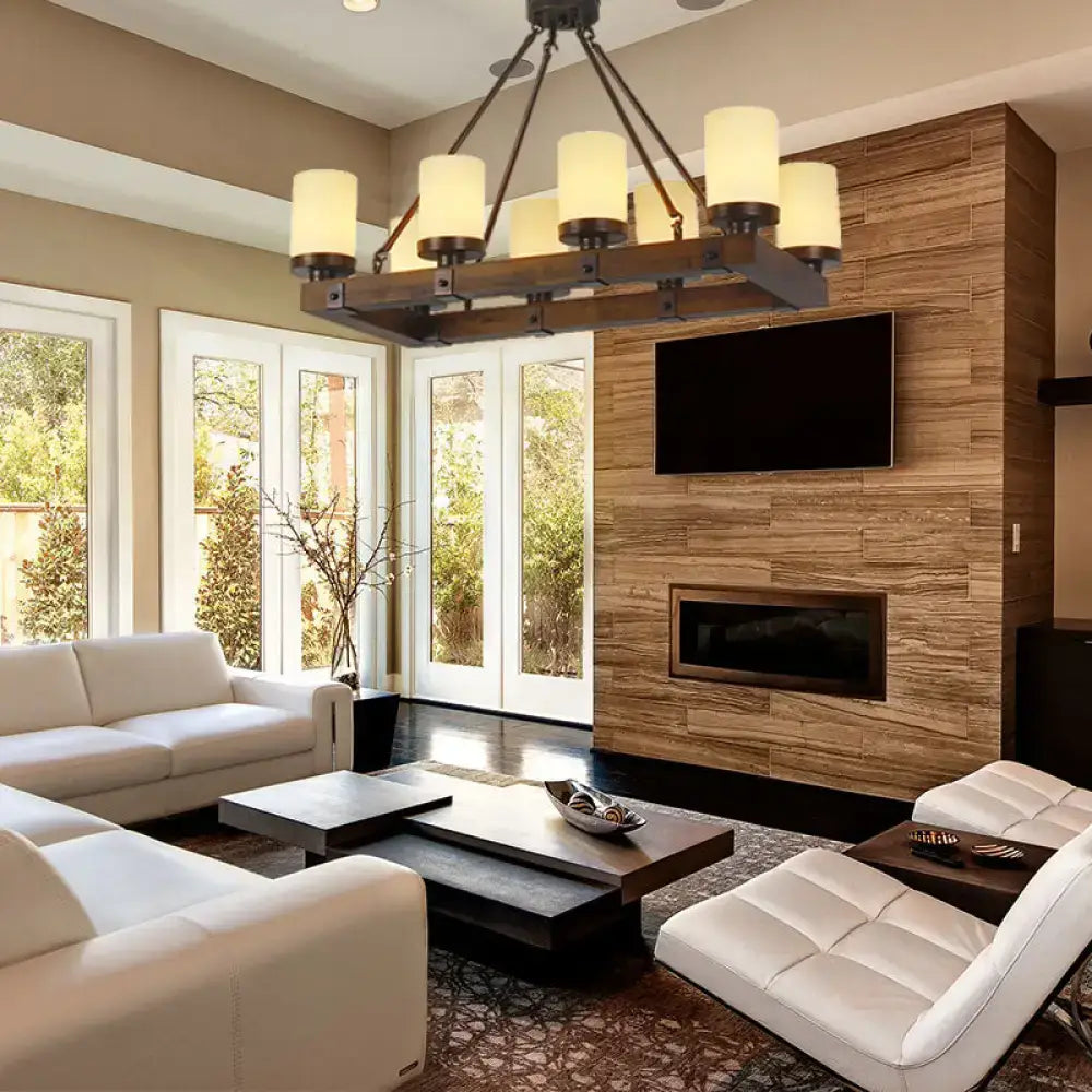 Dark wood industrial vintage living room chandelier with six white glass cylindrical shades island lamp