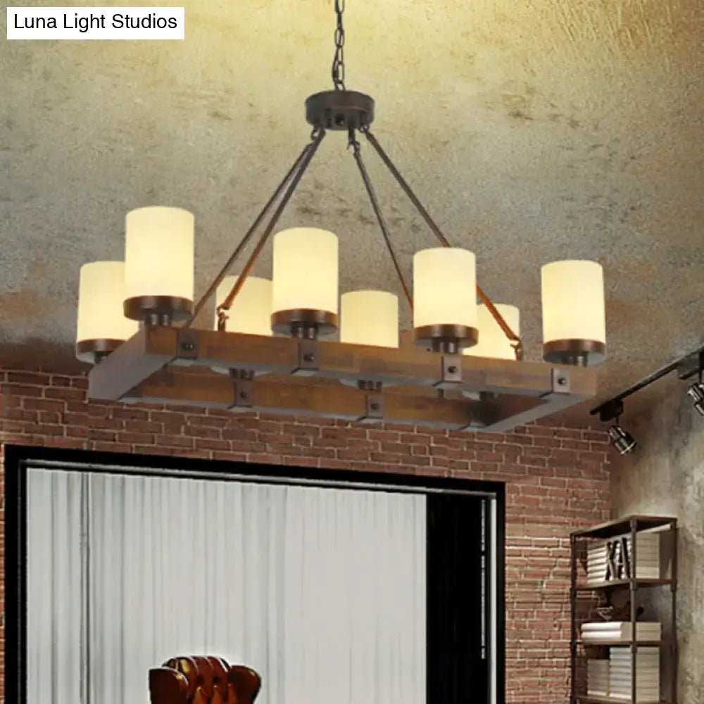 Industrial vintage living room chandelier with dark metal frame wooden crossbar and six warm white glass shades island lamp