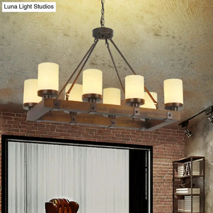 Industrial vintage living room chandelier with dark metal frame wooden crossbar and six warm white glass shades island lamp