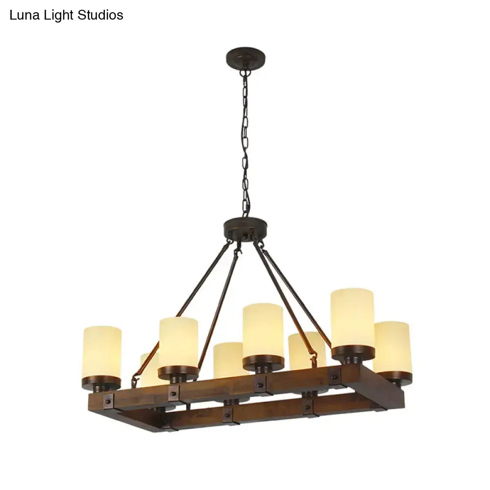 Dark bronze island lamp chandelier with rustic wooden frame and eight warm white glass shades for living room use