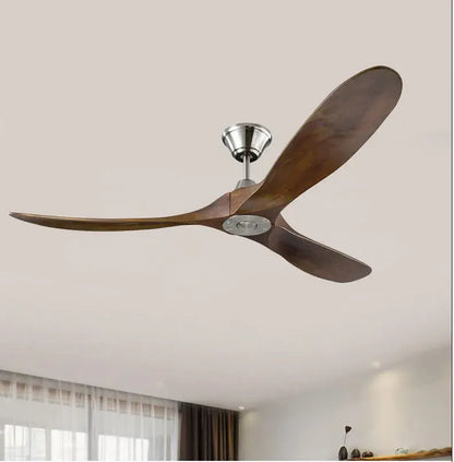 Modern industrial vintage wooden ceiling fan with three dark brown blades and brushed nickel decorbites industrial vintage finish