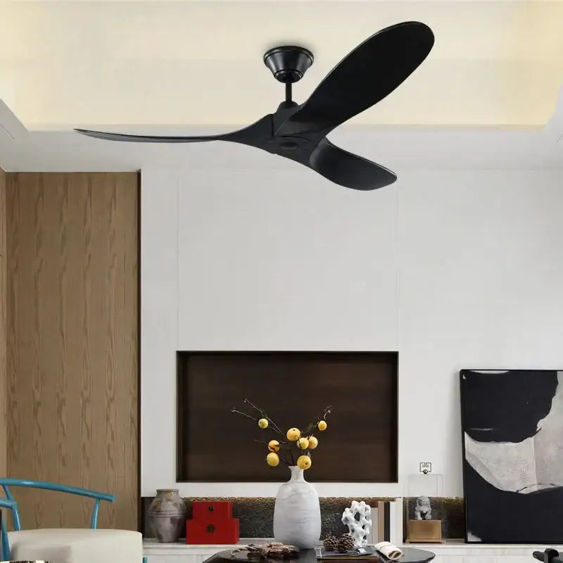 Black three-blade ceiling fan with brushed nickel finish and industrial vintage wooden design for decorbites industrial vintage living room decor