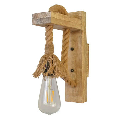 Rustic wooden wall lamp with thick natural rope and clear glass bulb for decorbites industrial vintage style bedroom sconce