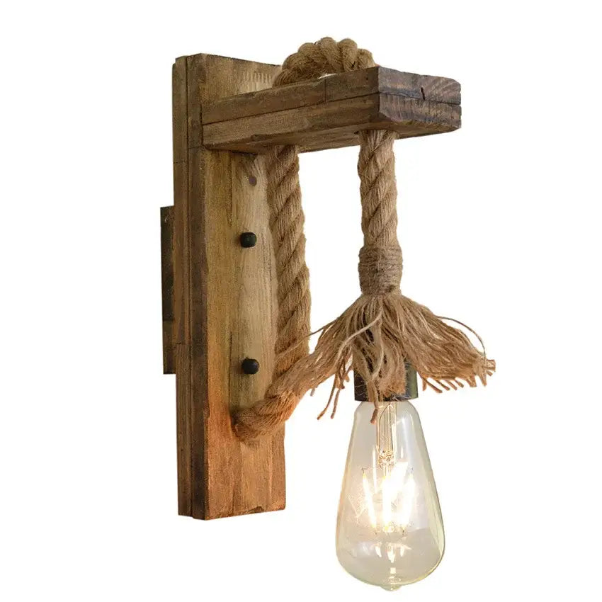 Rustic wooden wall lamp with thick natural rope and clear glass bulb industrial vintage decorbites sconce for bedroom