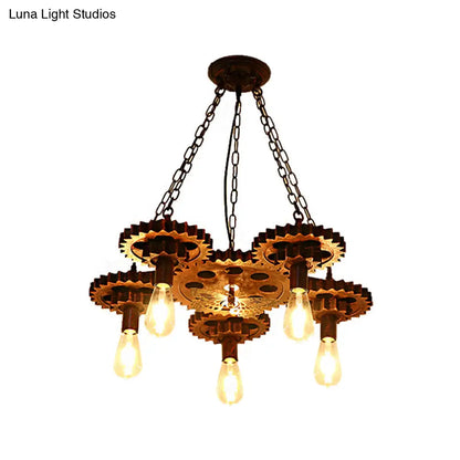Industrial Wagon Wheel Pendant Lamp - Metal Rust Finish | 5-Light Chandelier with Chain