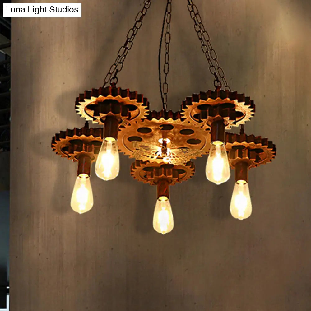 Industrial Wagon Wheel Pendant Lamp - Metal Rust Finish | 5-Light Chandelier with Chain