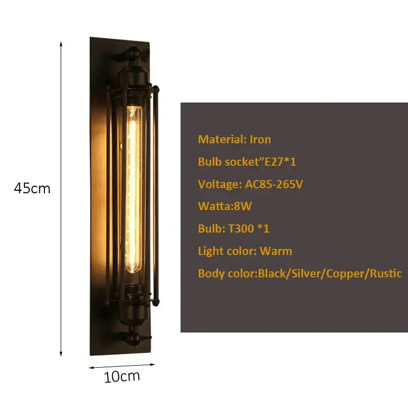 Industrial wall lamp black and silver with exposed warm t300 bulb in rustic iron frame for bedroom decorbites industrial wall lamp