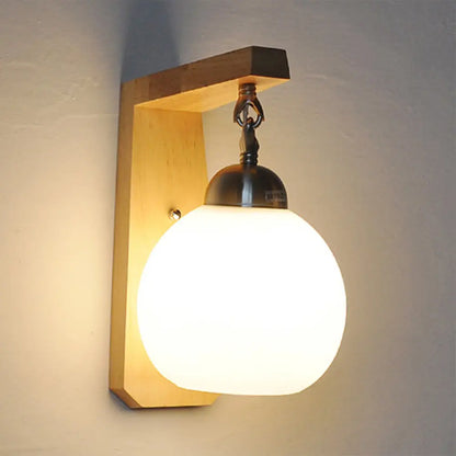 DecorBites™ DecorBites™ Industrial Wall Sconce with Opal Glass Globe Shade and Wood Backplate - Bedroom Lighting Fixture