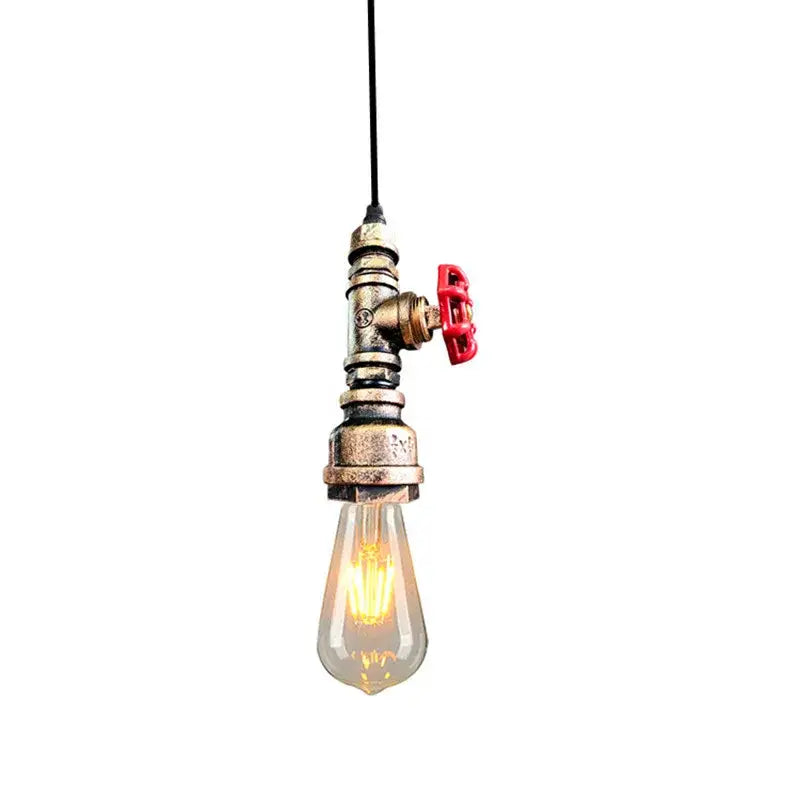 Industrial water pipe chandelier with brass pipe valve and red handle featuring exposed edison bulb for kitchen decorbites industrial water use