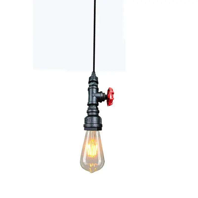Industrial water pipe chandelier black pipe pendant light with red valve and exposed filament bulb for kitchen decorbites industrial water