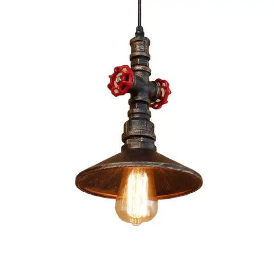 Industrial water pipe pendant light with dark weathered metal and bright red valve handles for dining room decorbites industrial water design