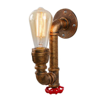 Industrial water pipe wall sconce with brass finish, exposed edison bulb, and red valve for corridor decorbites industrial water