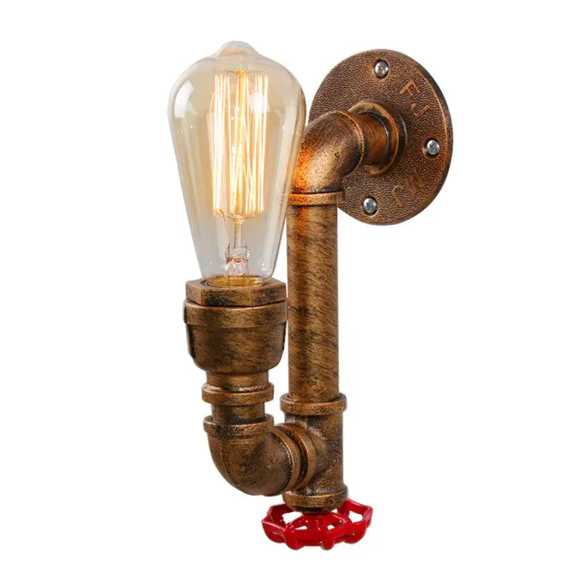 Industrial water pipe wall sconce with brass finish, exposed edison bulb, and red valve for corridor decorbites industrial water