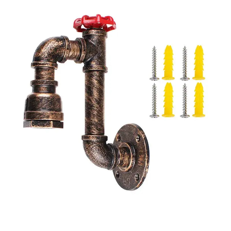 Industrial water pipe wall sconce with bronze metal body and red valve handle for corridor decorbites industrial water decor