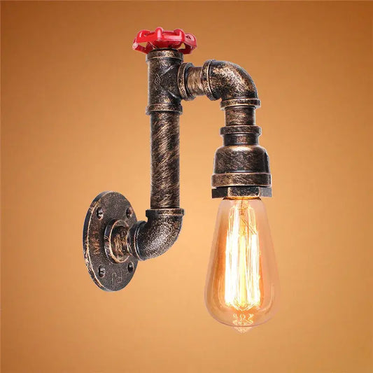 Industrial water pipe wall sconce with dark textured metal pipes, red valve cap, and exposed edison bulb for corridor decorbites industrial water