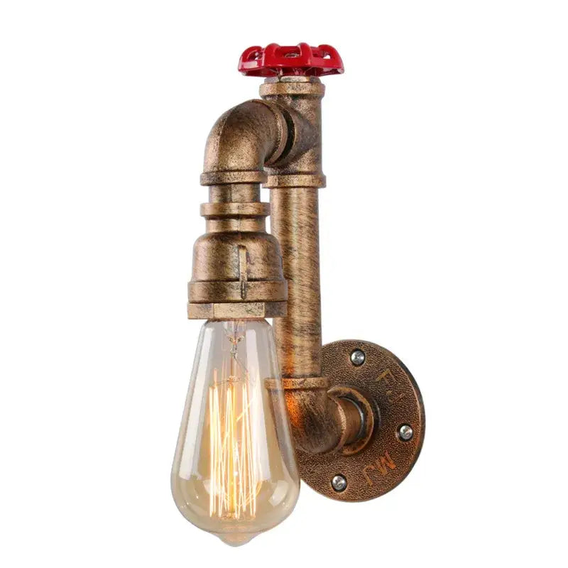 Industrial water pipe wall sconce with brass-finished pipe and red valve handle featuring clear edison bulb for corridor decorbites industrial water