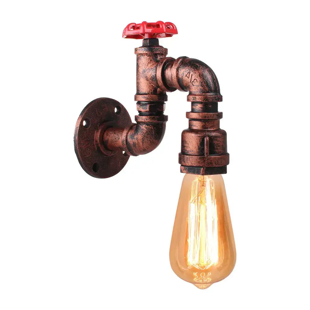 Industrial water pipe wall sconce with copper pipe design, red valve handle, and exposed filament bulb by decorbites industrial water