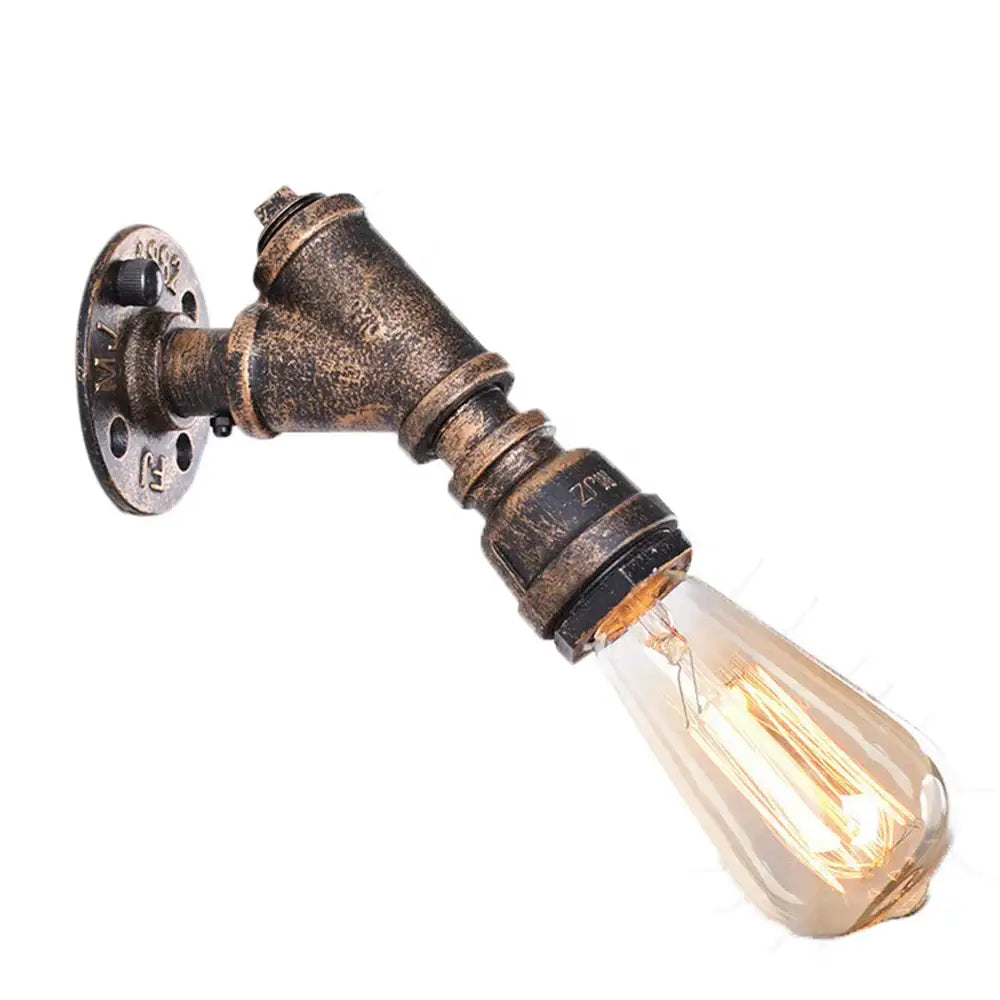 Industrial water pipe wall sconce in black and brass featuring a decorbites industrial water pipe design with exposed bulb