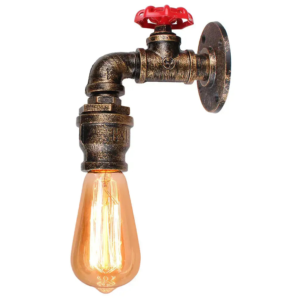 Industrial water pipe wall sconce with brass-finished pipe, red valve, amber filament bulb for decorbites industrial water decor