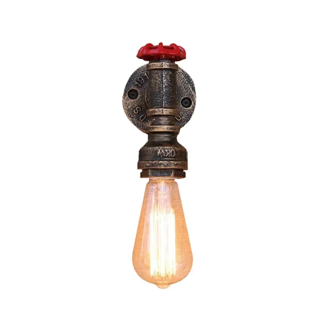 Industrial water pipe wall sconce with rustic dark metallic pipe valve, red handle, and exposed filament bulb by decorbites industrial water