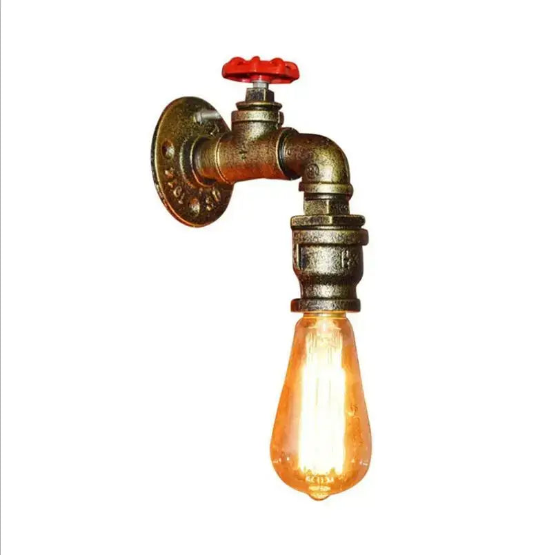 Industrial water pipe wall sconce in black and brass with exposed filament bulb and red valve by decorbites industrial water