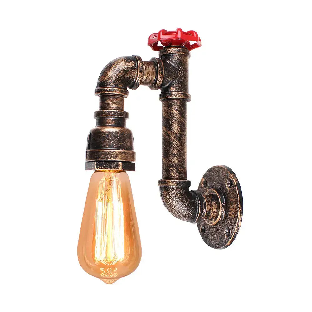 Industrial water pipe wall sconce with brass pipes, black finish, red valve handle, and exposed filament bulb decorbites industrial water