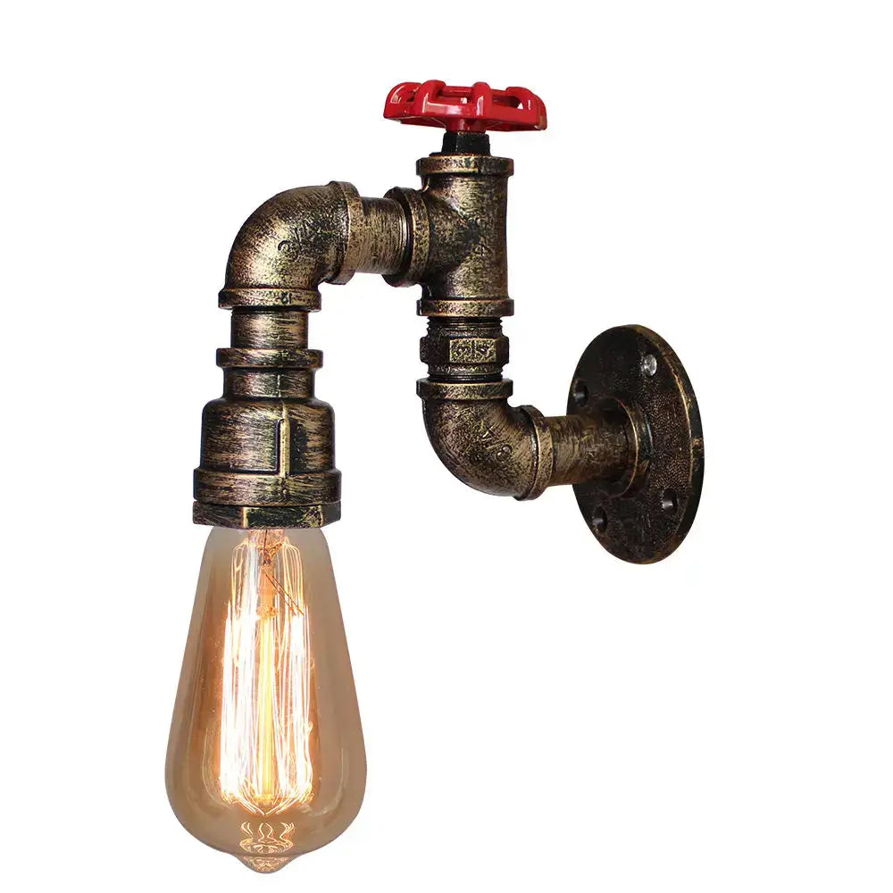 Industrial water pipe wall sconce with brass finish, black accents, red valve handle, and exposed filament bulb decorbites industrial water