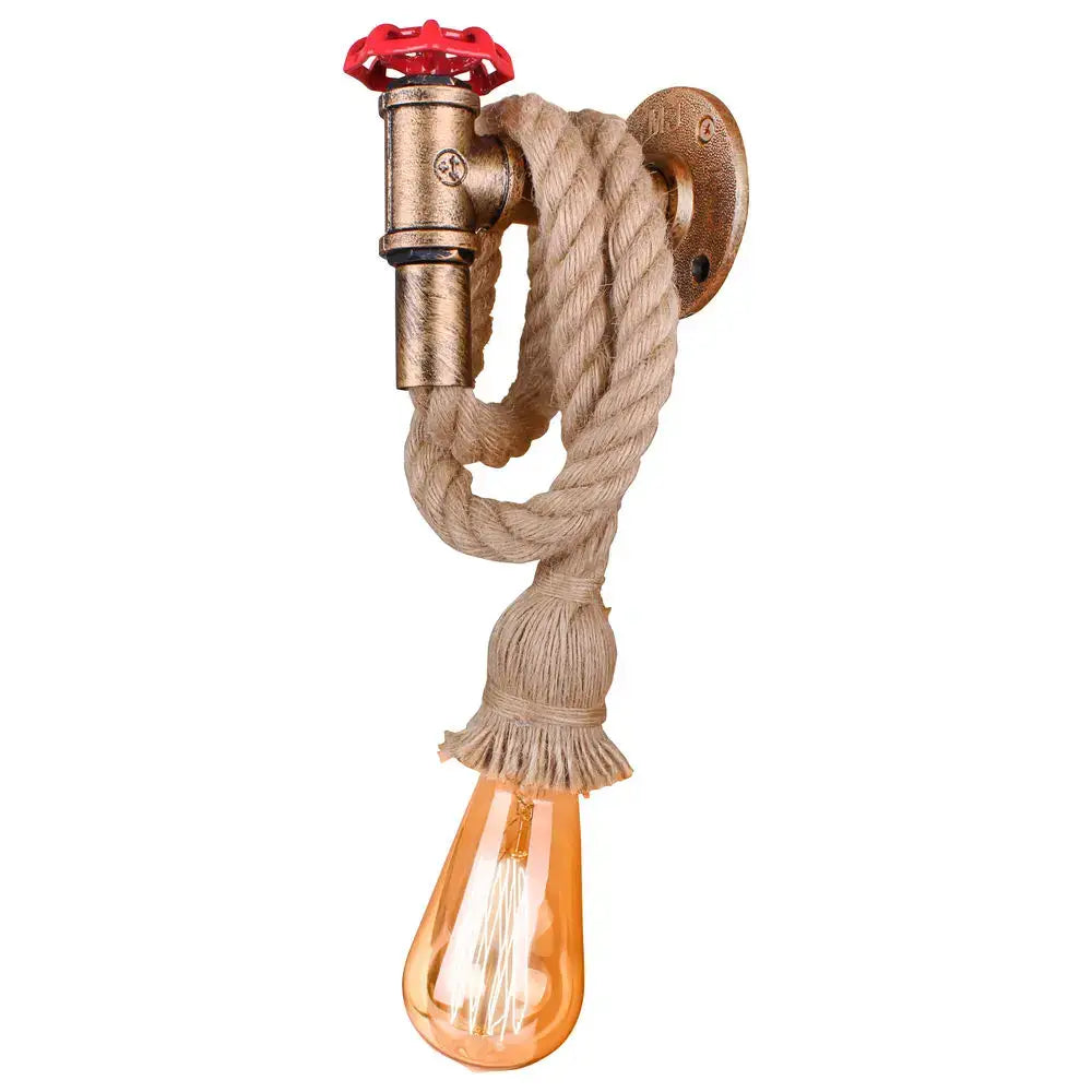Industrial water pipe wall sconce in black and brass with red valve and rope wrap for decorbites industrial water decor