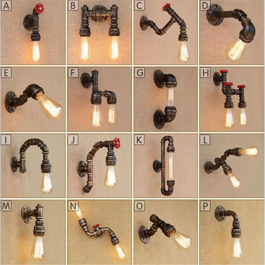 Industrial water pipe wall sconce made of dark rustic metal pipes with vintage finish and red valve caps for living room decorbites industrial water